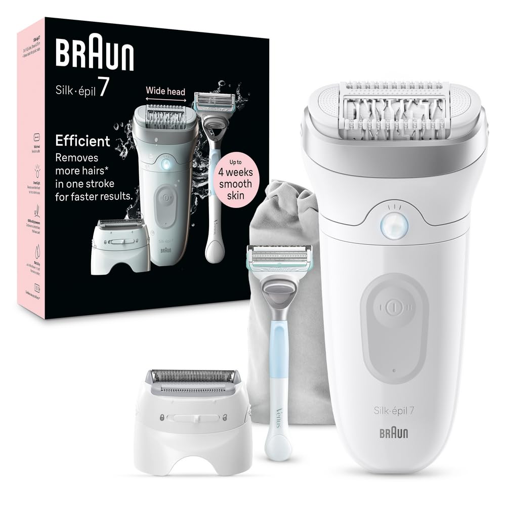 Braun Silk-épil 7 Epilator Kit (SE7-141) – Wet & Dry Hair Removal, Venus Razor Included, Up to 1 Month Smooth Skin