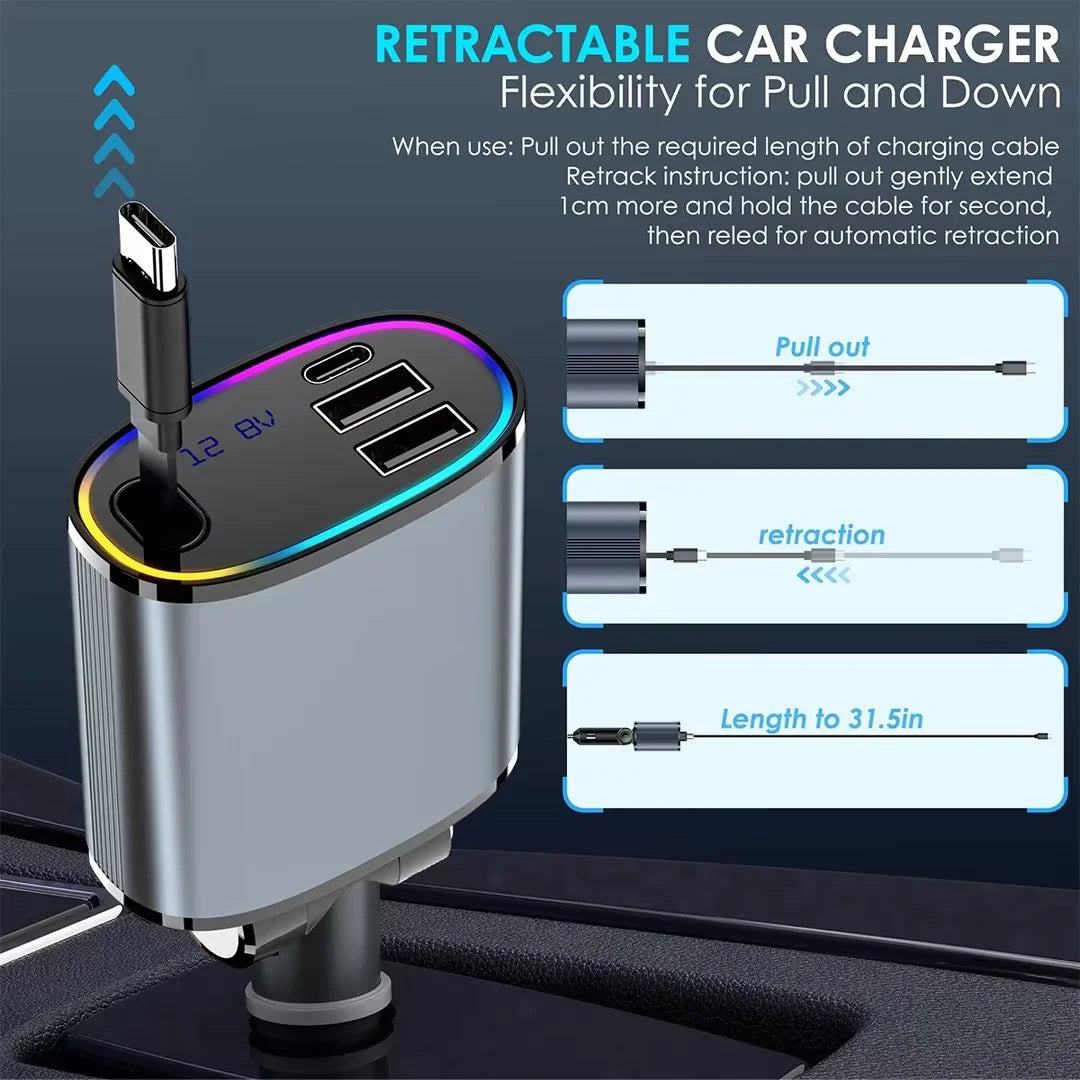 4 in 1 Retractable Car Charger, 78W Car Charger USB C, Fast Car Phone Charger with Cord 2.6Ft, Car Chargers Compatible with Android and Iphone,Car Accessories for Women Men, Perfect Gifts