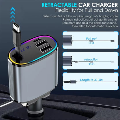 4 in 1 Retractable Car Charger, 78W Car Charger USB C, Fast Car Phone Charger with Cord 2.6Ft, Car Chargers Compatible with Android and Iphone,Car Accessories for Women Men, Perfect Gifts