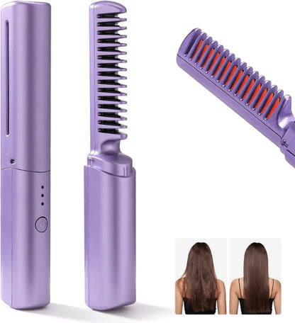 Rechargeable Mini Hair Straightener, Negative Ion Hot Comb Hair Straightener, Portable Cordless Hair Straightening Brush,A Quick Styling Brush