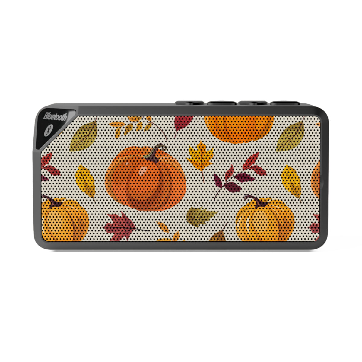 A rectangular Bluetooth speaker with a black frame and a front grille featuring an autumn pattern of orange pumpkins, yellow and red leaves on a light background.