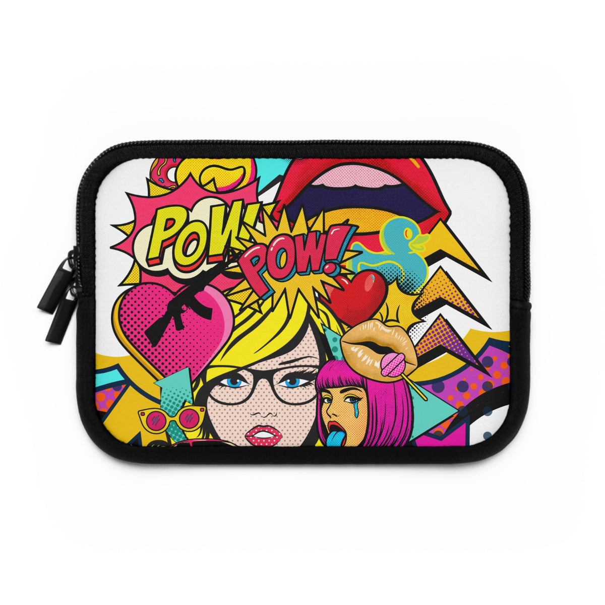 A rectangular zippered sleeve with rounded corners, featuring a colorful pop-art comic book style graphic with the words 'POW! POW!' and illustrated faces, glasses, a heart, and abstract shapes on a white background.