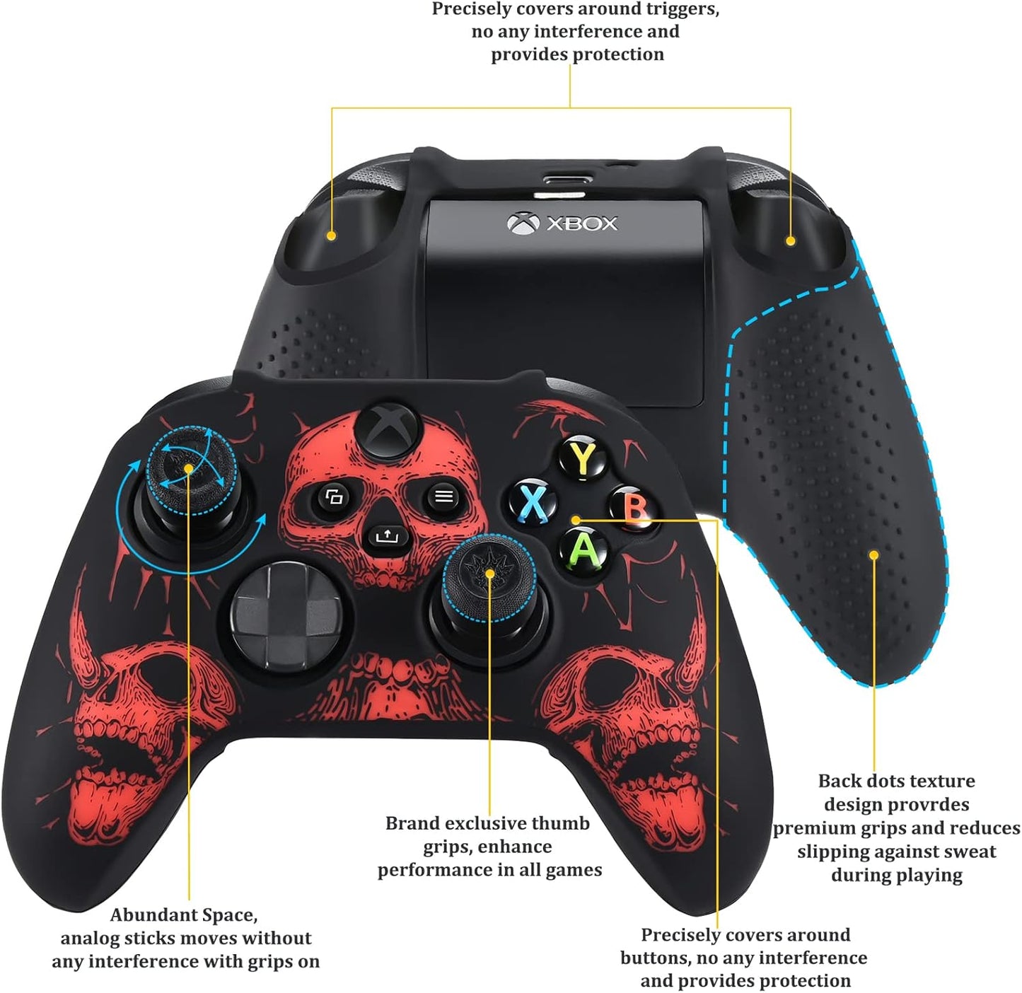 Laser Carving Silicone Skin for Xbox Series X/S Controller X 1(Skulls Red) with Exclusive Thumb Grips X 8