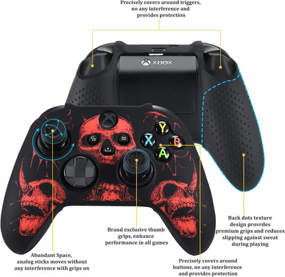 Laser Carving Silicone Skin for Xbox Series X/S Controller X 1(Skulls Red) with Exclusive Thumb Grips X 8
