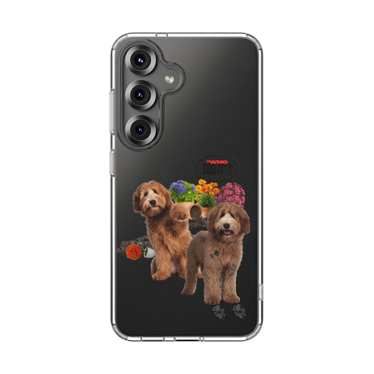 A clear phone case with a printed design of two brown poodles, a small puppy, colorful flowers, and paw prints on a black background, shown on a phone against a white background.