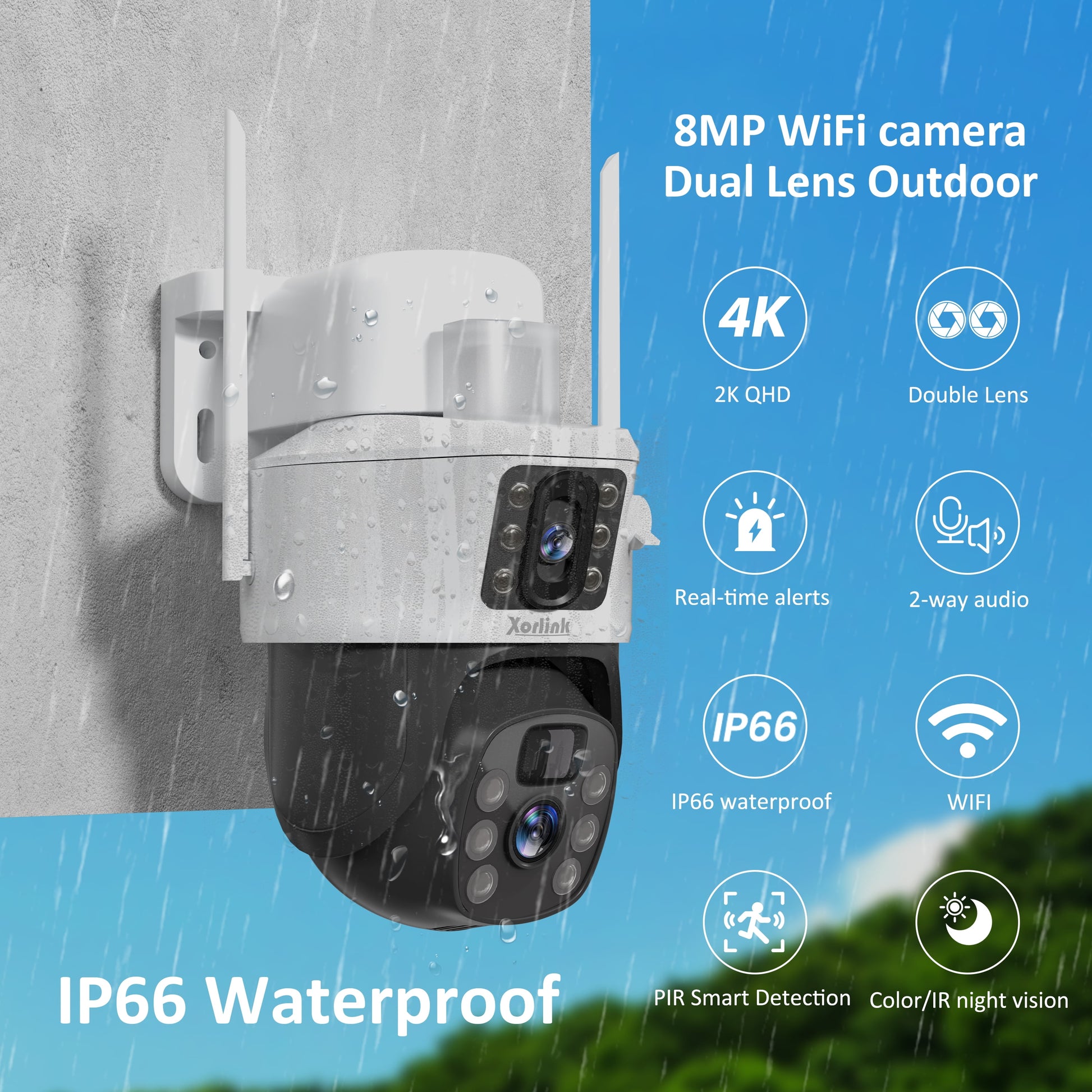 4K/8MP Solar Security Camera, 360° View Wireless Outdoor Camera, Waterproof PIR Detection, Rechargeable Battery Powered Home Dual Lens Surveillance Camera with Color Night Vision 2-Way Audio