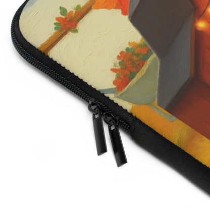 Close-up of a zippered sleeve with a black zipper and dual black zipper pulls, showing part of a printed design with orange flowers, a cream background, and a dark gray geometric shape.