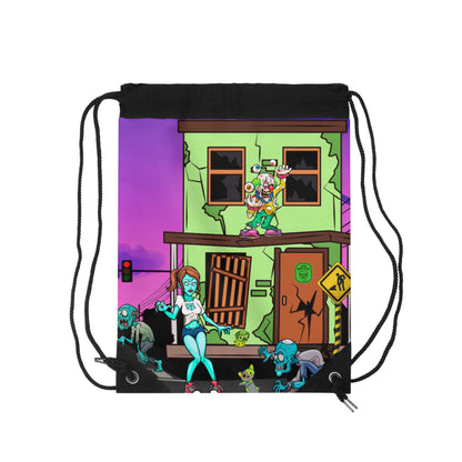 Zombie Street Art Drawstring Bag — Colorful Apocalyptic Cartoon Design