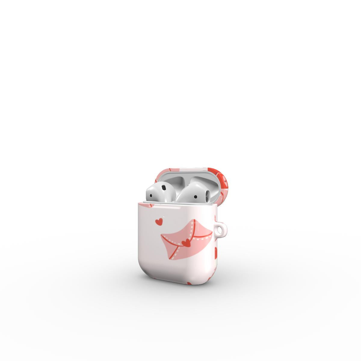 A white AirPods case with pink envelopes and heart graphics, shown open with white AirPods inside on a clean white background.