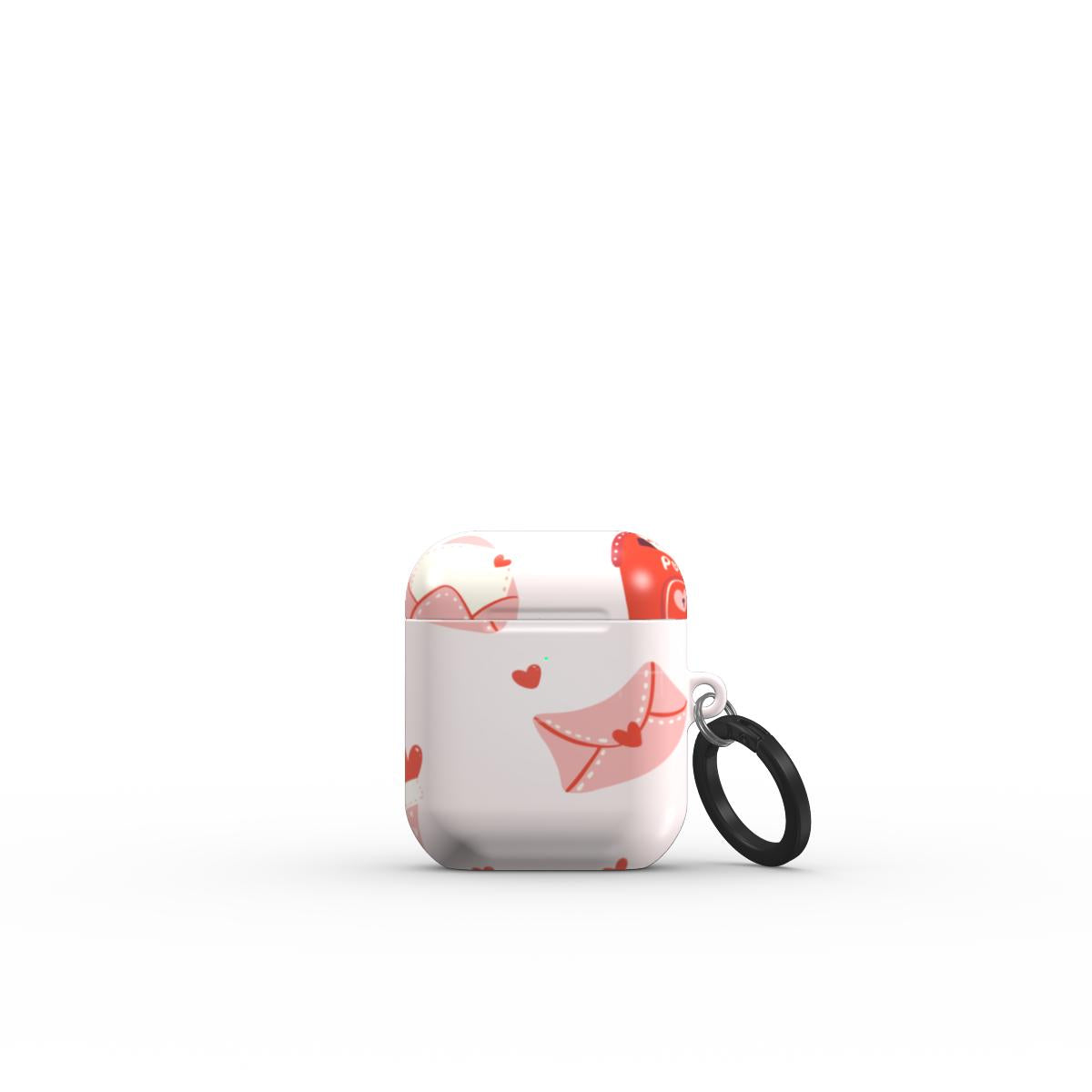 A clear protective case for an Apple AirPods Pro, decorated with a red and pink envelope and heart pattern, featuring a black silicone loop attachment, set against a plain white background.
