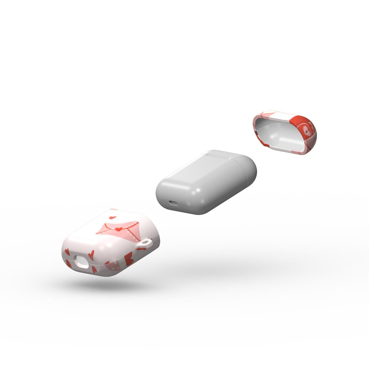 Three floating views of a wireless earbud charging case cover: one solid light gray case in the center, and two white silicone cases with red heart patterns in the foreground and background.