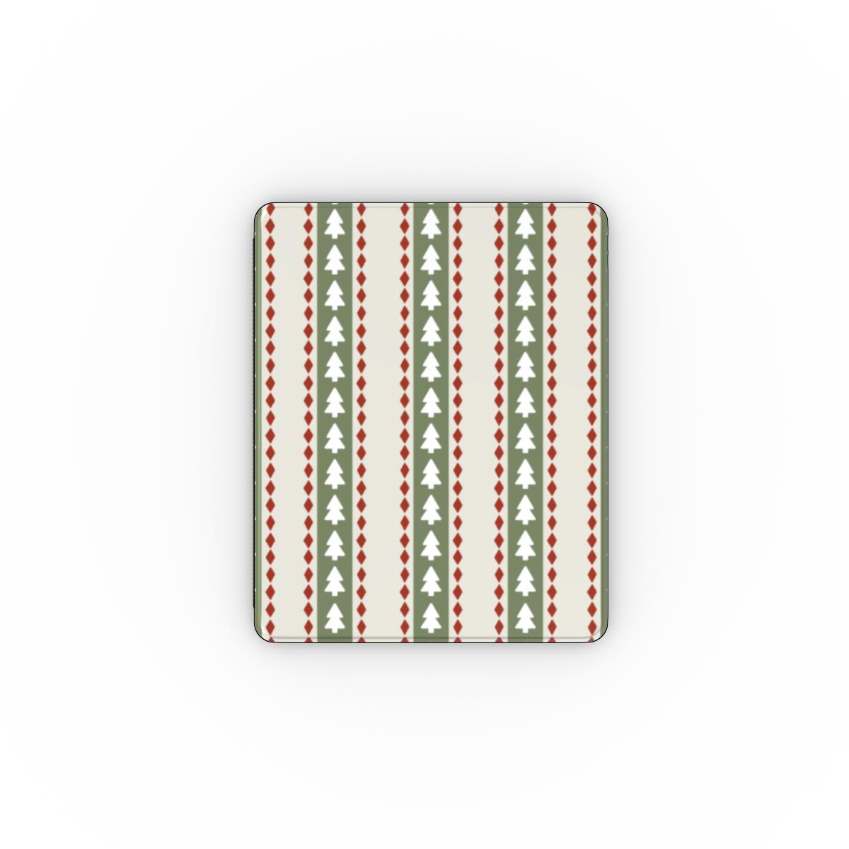 A rectangular mouse pad with rounded corners, featuring a festive Christmas-themed pattern of vertical stripes with green Christmas trees, red diamond accents, and cream-colored stripes on a white background.
