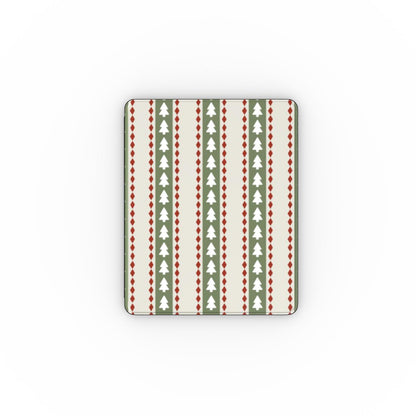 A rectangular mouse pad with rounded corners, featuring a festive Christmas-themed pattern of vertical stripes with green Christmas trees, red diamond accents, and cream-colored stripes on a white background.
