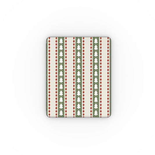 A rectangular mouse pad with rounded corners, featuring a festive Christmas-themed pattern of vertical stripes with green Christmas trees, red diamond accents, and cream-colored stripes on a white background.