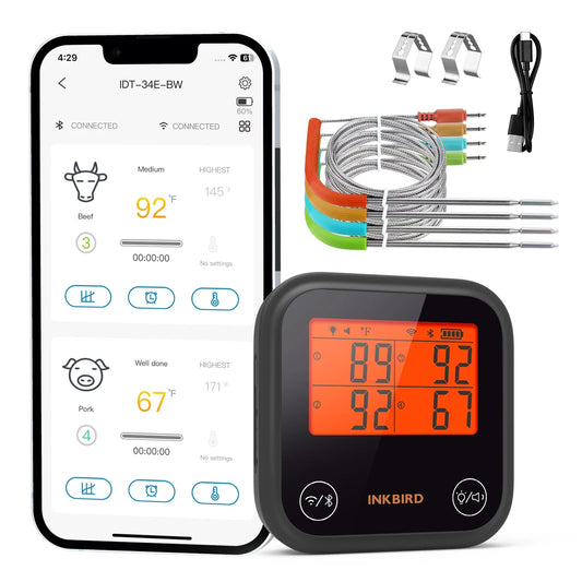 Wifi&Bluetooth Meat Thermometer,4 Colored Probes Wireless BBQ Thermometers for Barbecue ,Smoker,Oven | APP Calibration Temp Graph | Mobile Notification Timer Alarm