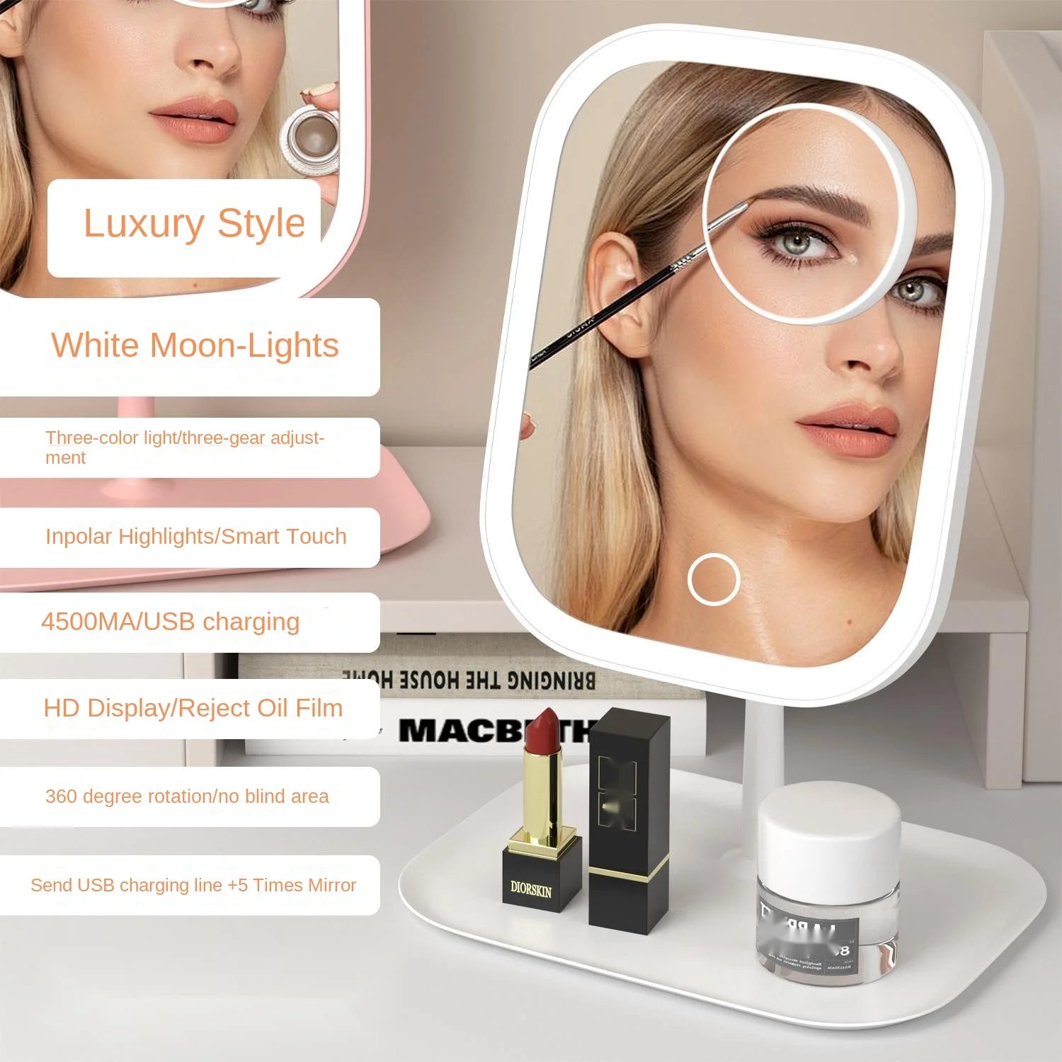 Rechargeable Lighting Makeup Mirror Portable LED Makeup Mirror Dimmable Magnifier Touch Control Storage Makeup Mirror