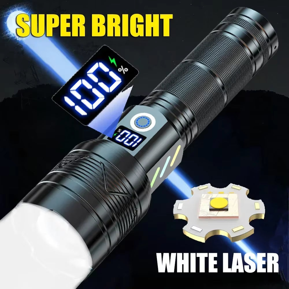 High Power LED Flashlight Type-C Rechargeable Tactical Zoom Torch Use 26650 Battery Camping Fishing Lantern with Power Display