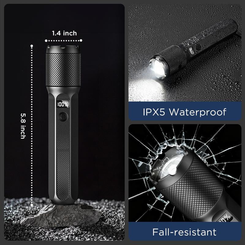 FUDUOO Flashlight LED, 2000LM, Rechargeable, Zoomable, LED Digital Display, Magnetic and Output Port, 7 Lighting Modes, Ultra-Powerful LED Flashlight for Camping/Hiking/Emergency