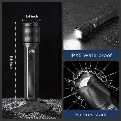 FUDUOO Flashlight LED, 2000LM, Rechargeable, Zoomable, LED Digital Display, Magnetic and Output Port, 7 Lighting Modes, Ultra-Powerful LED Flashlight for Camping/Hiking/Emergency