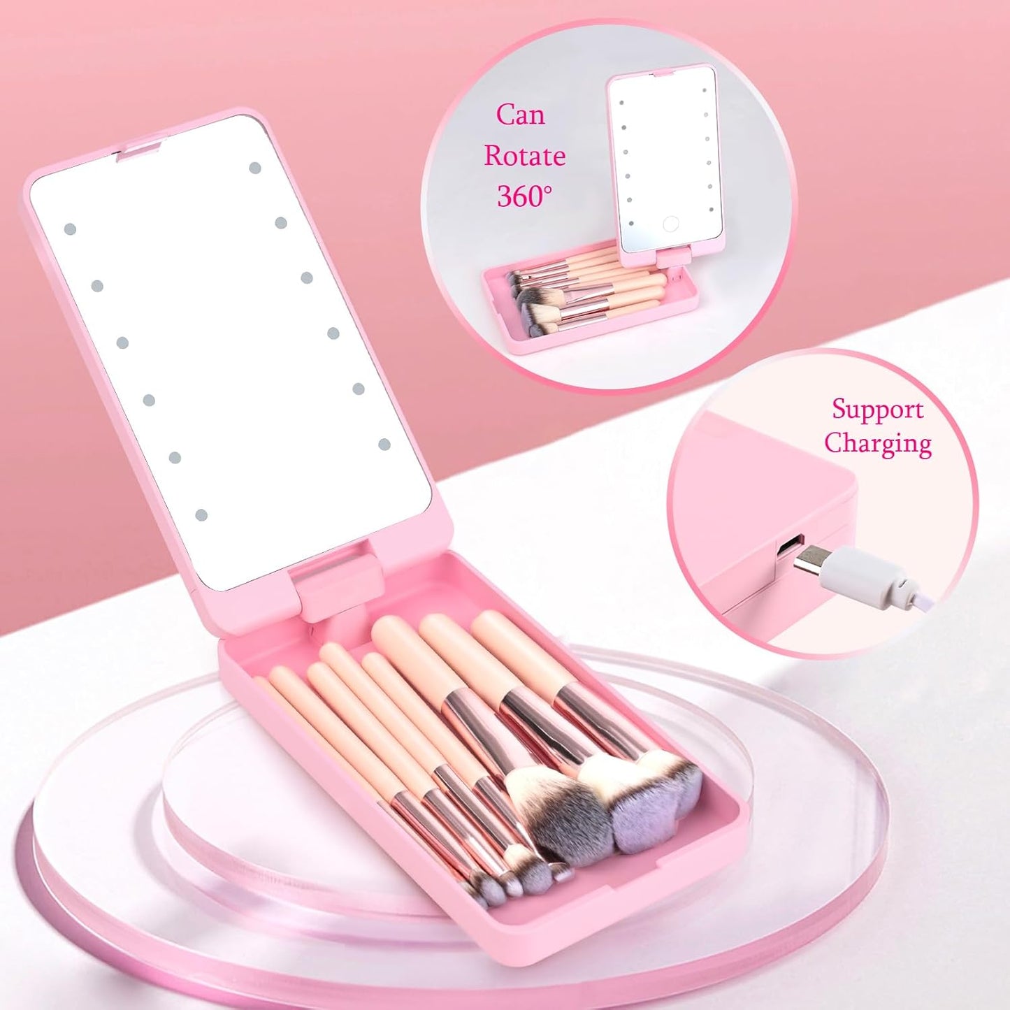 Mini 8-Piece Travel Makeup Brush Set with LED Light Mirror, Personalized Monogrammed Brush for Teen Girls, Stylish and Compact Travel Essentials(Pink-G) ﻿