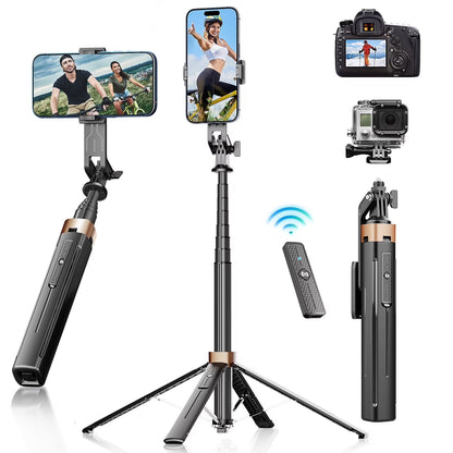 Selfie Stick Phone Tripod - 71 Inch Tall Cell Phone Holder with Remote, Phone Stand with 1/4 Inch Screw Mount for Recording, Compatible with Iphone, Android Phone, Camera & Gopro