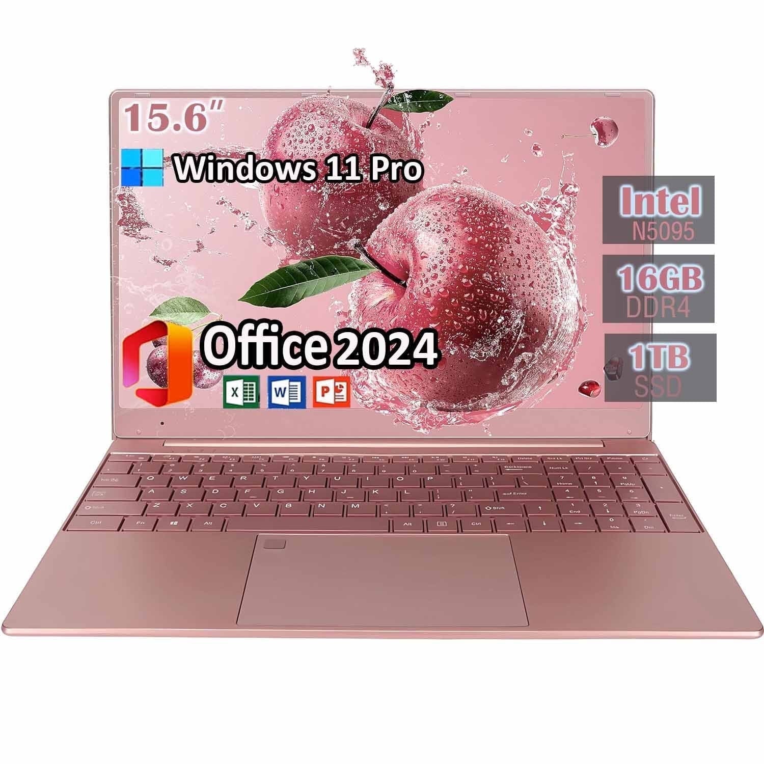 15.6" HD Student Laptop Computer Free Office 2024 Windows 11 Pro 16G DDR4 RAM 1TB SSD Large FHD IPS Screen Business Laptop Computer Intel Celeron N5095 Backlit KB