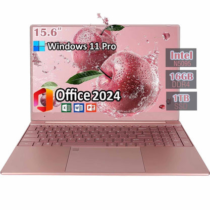 15.6" HD Student Laptop Computer Free Office 2024 Windows 11 Pro 16G DDR4 RAM 1TB SSD Large FHD IPS Screen Business Laptop Computer Intel Celeron N5095 Backlit KB