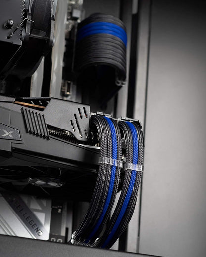 Sleeved PSU Extension Set - Power Supply Extensions - 1X 24 Pin/ 2X 8 Pin/ 2X 6 Pin/ 1X 4+4 Pin - with Combs - 30Cm (Carbon & Electric Blue)