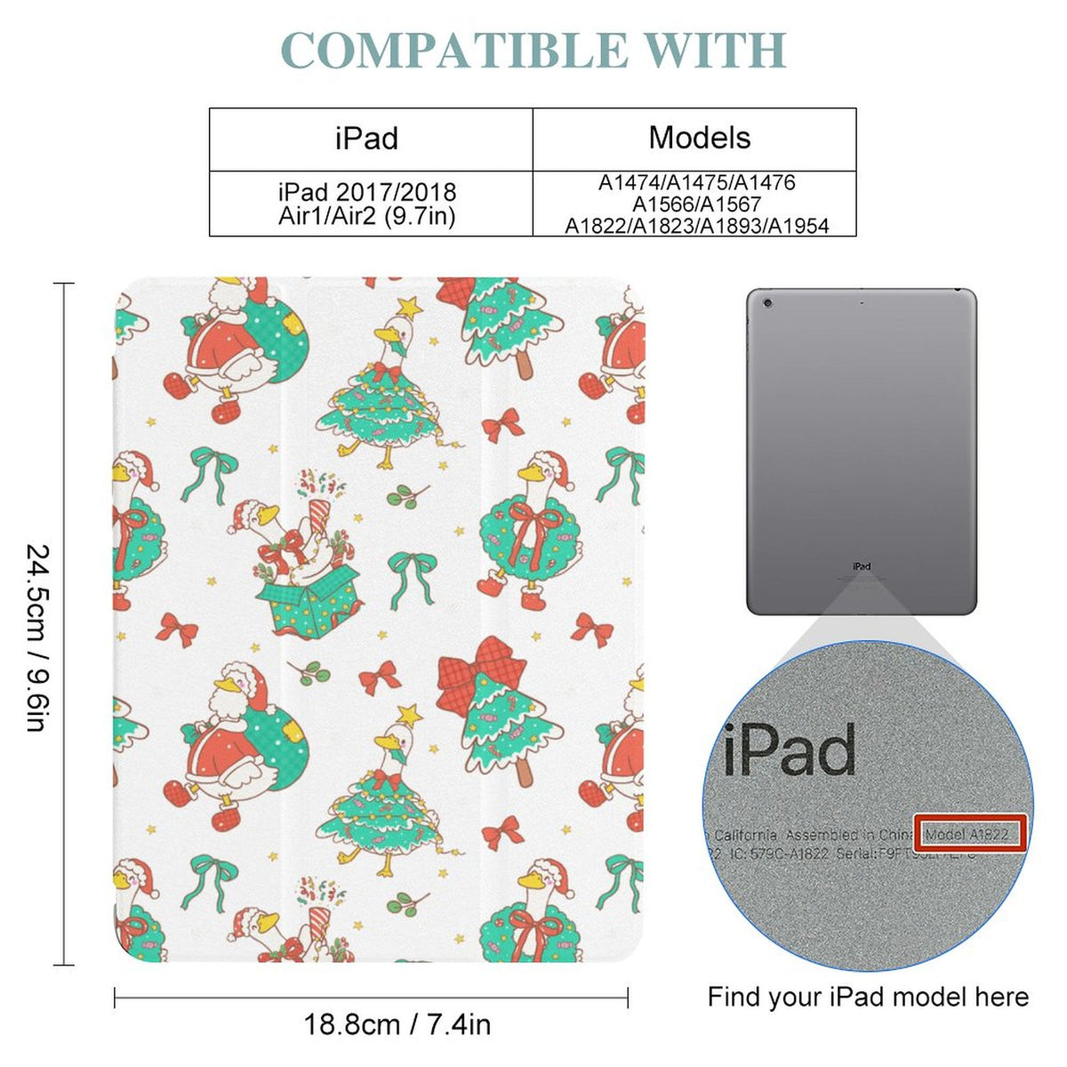 A foldable case compatible with iPad with a white background and a Christmas duck pattern, shown alongside compatibility information for iPad models and a circular inset showing the iPad screen texture.