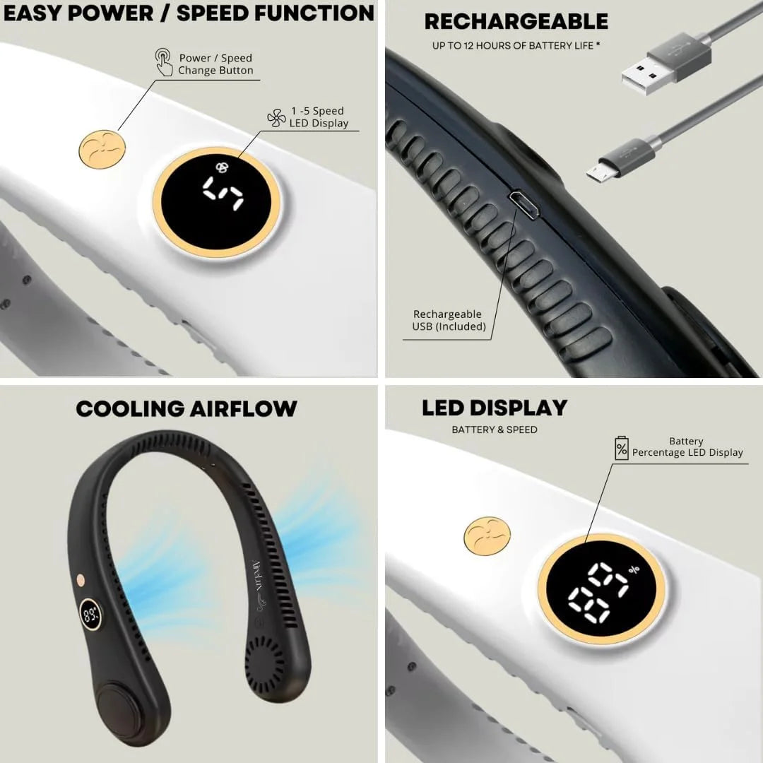 New Portable Neck Fan, Hands Free Bladeless Fan,5 Speeds USB Powered Desk Fan Rechargeable Headphone Design Wearable Personal Fan