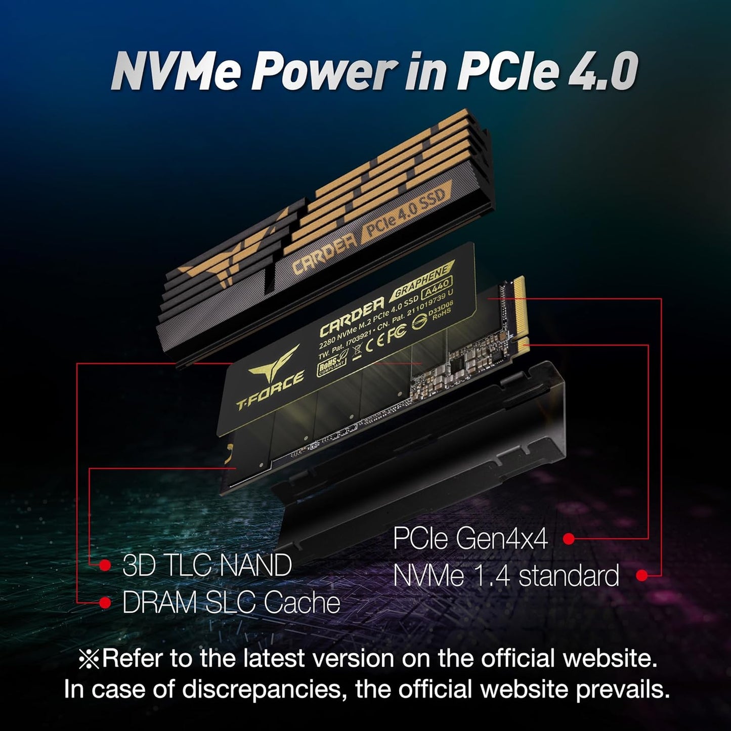 T-FORCE A440 Aluminum Heatsink 2TB DRAM SLC Cache 3D NAND TLC Nvme Pcie Gen4X4 M.2 2280 Internal SSD R/W 7000/6900 Mb/S TM8FPZ002T0C327