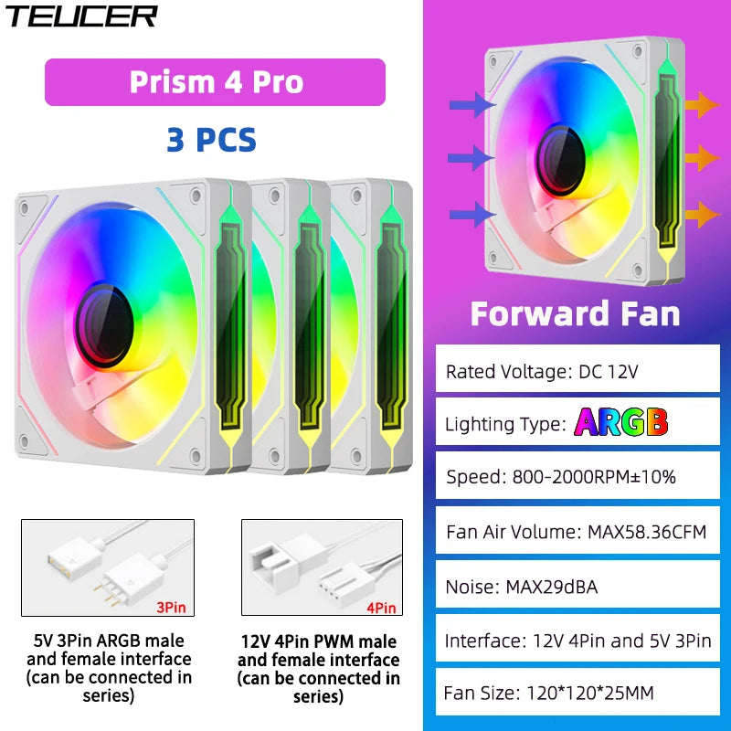 Prism4 Pro ARGB Fan 120Mm PC Case Fan Kit 4Pin PWM CPU Cooling Fans 3Pin 5V RGB 12Cm Gaming Computer Fan