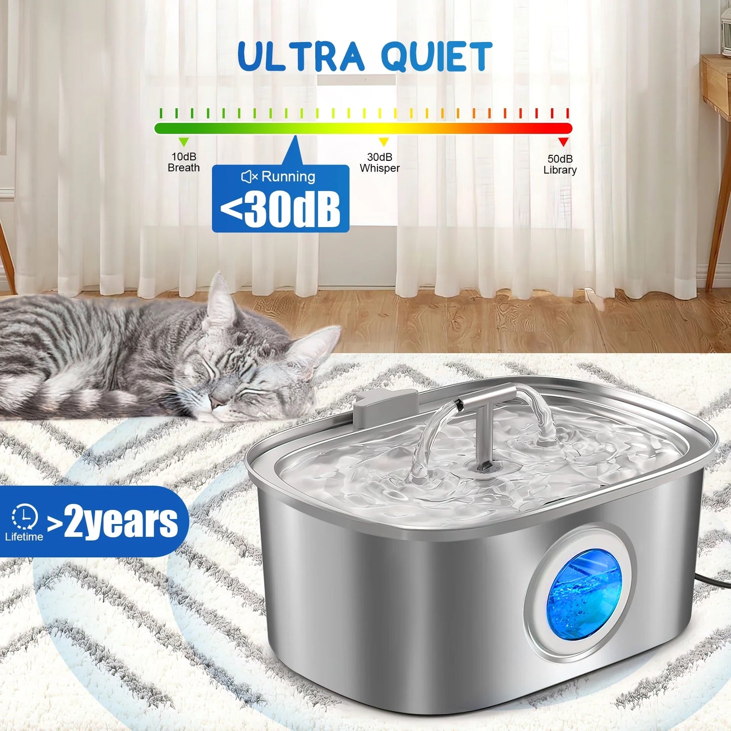 Cat Water Fountain Stainless Steel,  108Oz/3.2L Pet Fountain with Water Level Window,Automatic Water Dispenser for Cats and Dogs, Electric Drinking Bowl Suitable for Multiple Pets, Silver