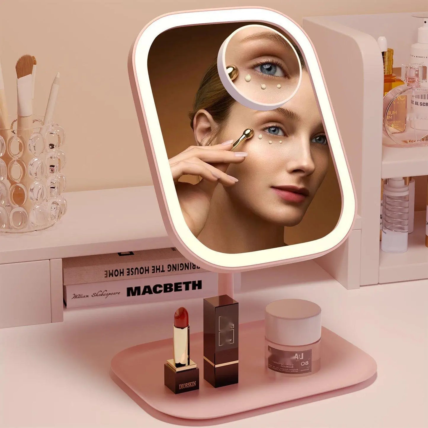 Rechargeable Lighting Makeup Mirror Portable LED Makeup Mirror Dimmable Magnifier Touch Control Storage Makeup Mirror