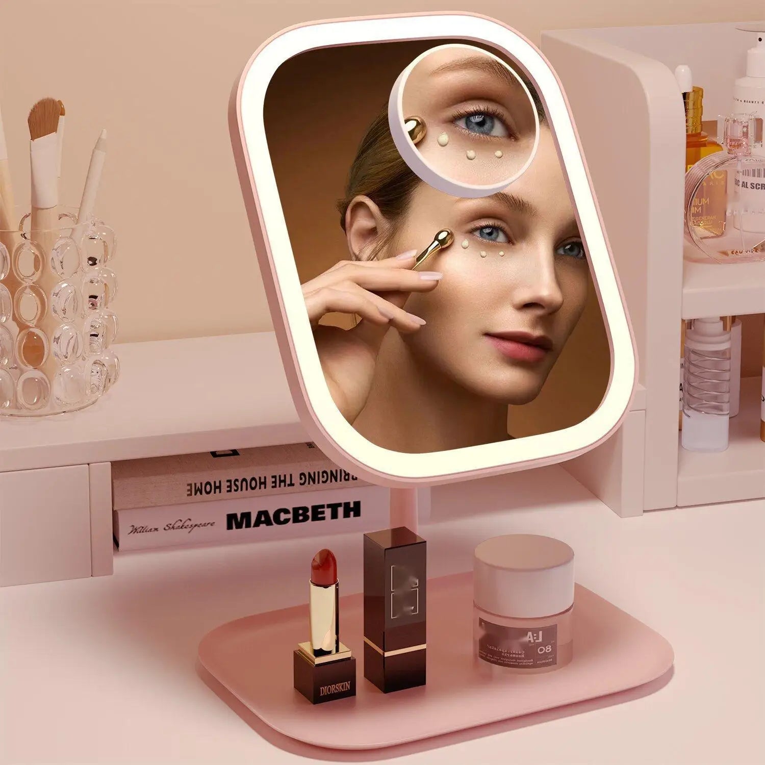 Rechargeable Lighting Makeup Mirror Portable LED Makeup Mirror Dimmable Magnifier Touch Control Storage Makeup Mirror
