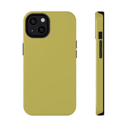 A solid PALE olive green phone case shown from the back and side views, designed with a black camera cutout and side button covers, on a plain white background.