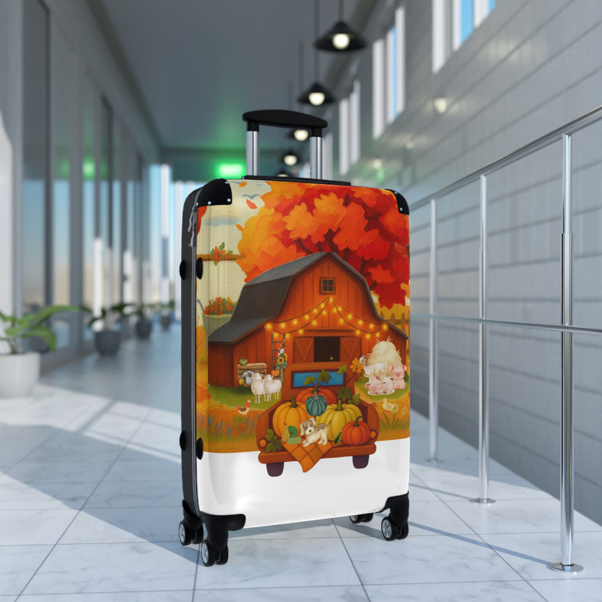 A hard-shell rolling suitcase with a colorful autumn farm illustration printed on the exterior, standing upright in a modern indoor hallway with tiled floors and glass windows.