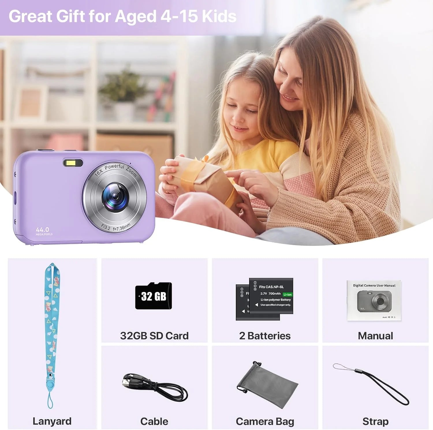 Digital Camera Kids Camera with 32GB Card FHD 1080P 44MP Vlogging Camera 16X Digital Zoom Portable Camera (Purple)