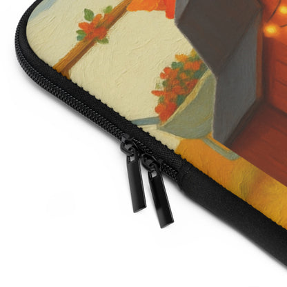 Close-up of a zippered sleeve with a textured, impressionistic painting print featuring warm tones of yellow, orange, and cream, with black zipper trim and dual black zipper pulls, shown on a white background.