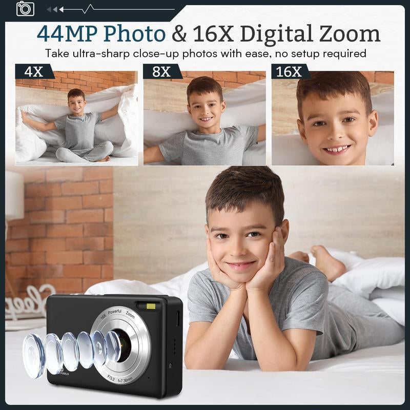 DC403 44MP 1080P Digital Camera: 16X Zoom, 32G Card, Compact - Teens/Beginners