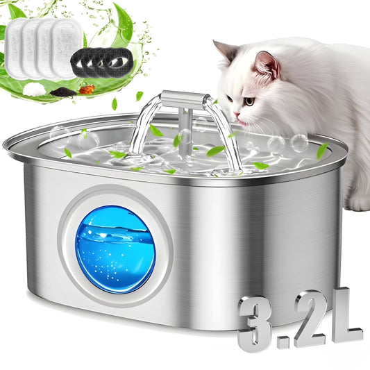 Cat Water Fountain Stainless Steel,  108Oz/3.2L Pet Fountain with Water Level Window,Automatic Water Dispenser for Cats and Dogs, Electric Drinking Bowl Suitable for Multiple Pets, Silver
