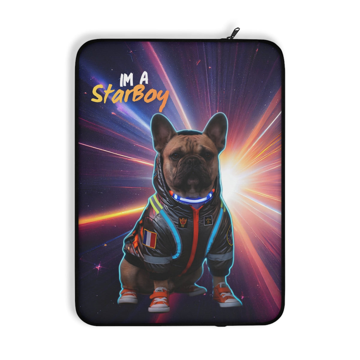 A laptop sleeve featuring a colorful graphic of a French Bulldog wearing a glowing space suit against a cosmic starburst background, with the text 'I'M A Starboy' printed on the front.