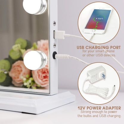 32"X23" Vanity Mirror with Lights USB Charging Tabletop Wall Mount Metal White