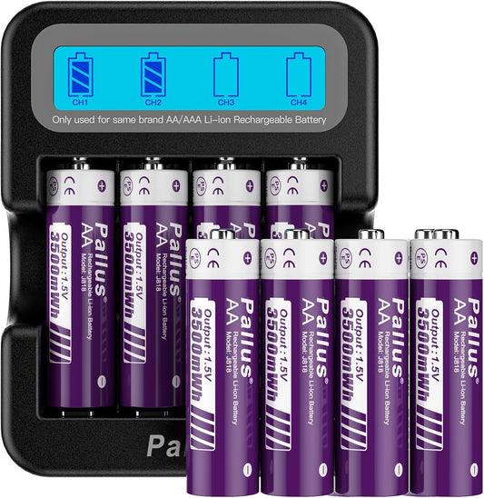 Rechargeable Lithium AA Batteries - 8 Pack 1.5V 3500Mwh AA Rechargeable Batteries with LCD Charger for Outdoor Blink Camera, Fast Charging, Long Lasting, Low Battery Alarmc, Cycles 1600X