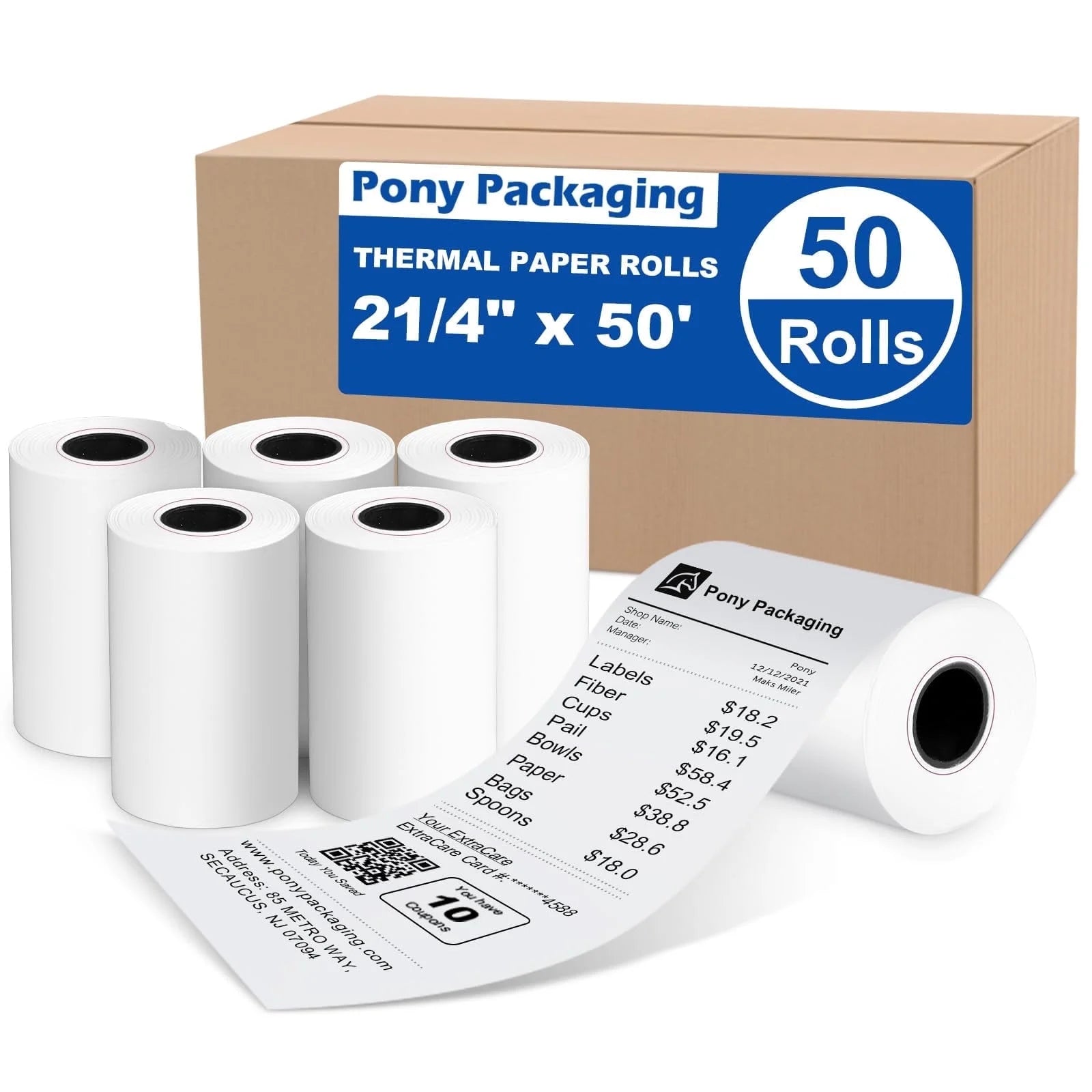 2 1/4" X 50' Thermal Receipt Paper Rolls 50 Rolls, Cash Register Paper, BPA Free Receipt Paper