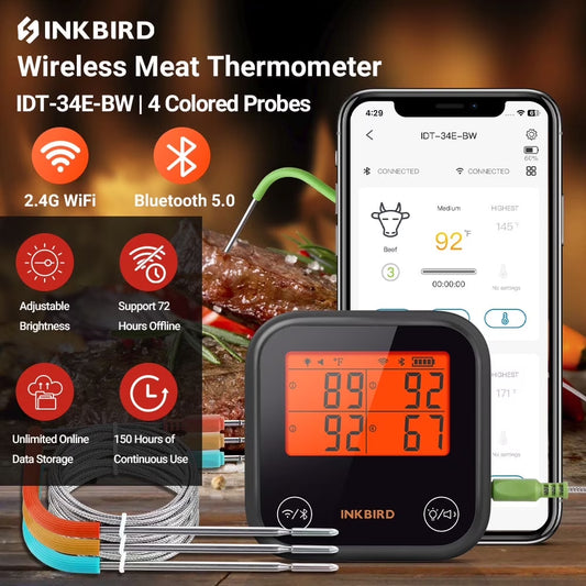 Wifi&Bluetooth Meat Thermometer,4 Colored Probes Wireless BBQ Thermometers for Barbecue ,Smoker,Oven | APP Calibration Temp Graph | Mobile Notification Timer Alarm