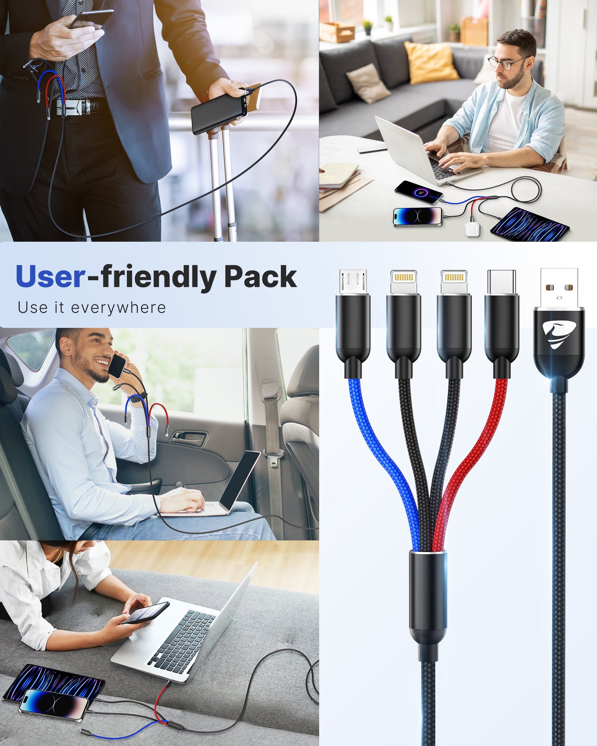 2 Pack Multi Charging Cable, 4 in 1 Multi Phone Charger Cable Fast Charging Cord with USB C, Micro USB Cable Compatible with Iphone/Samsung/Android Phone, Black