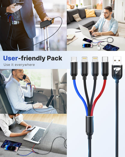 2 Pack Multi Charging Cable, 4 in 1 Multi Phone Charger Cable Fast Charging Cord with USB C, Micro USB Cable Compatible with Iphone/Samsung/Android Phone, Black