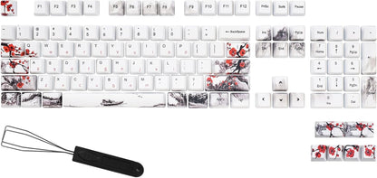 Keycaps 110 Set for Full Size Mechanical Keyboard, Custom PBT OEM Profile Key Caps Japanese Style with Keycap Puller for Cherry MX 104/87/71/61 60 Percent Keyboard(Plum Blossom)