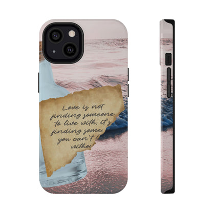 A phone case shown from the back and side on a plain white background. The case features a collage-style design with a soft pink and blue ocean scene, a light blue bottle, a tan torn-paper note with handwritten text, and a camera cutout at the top left.